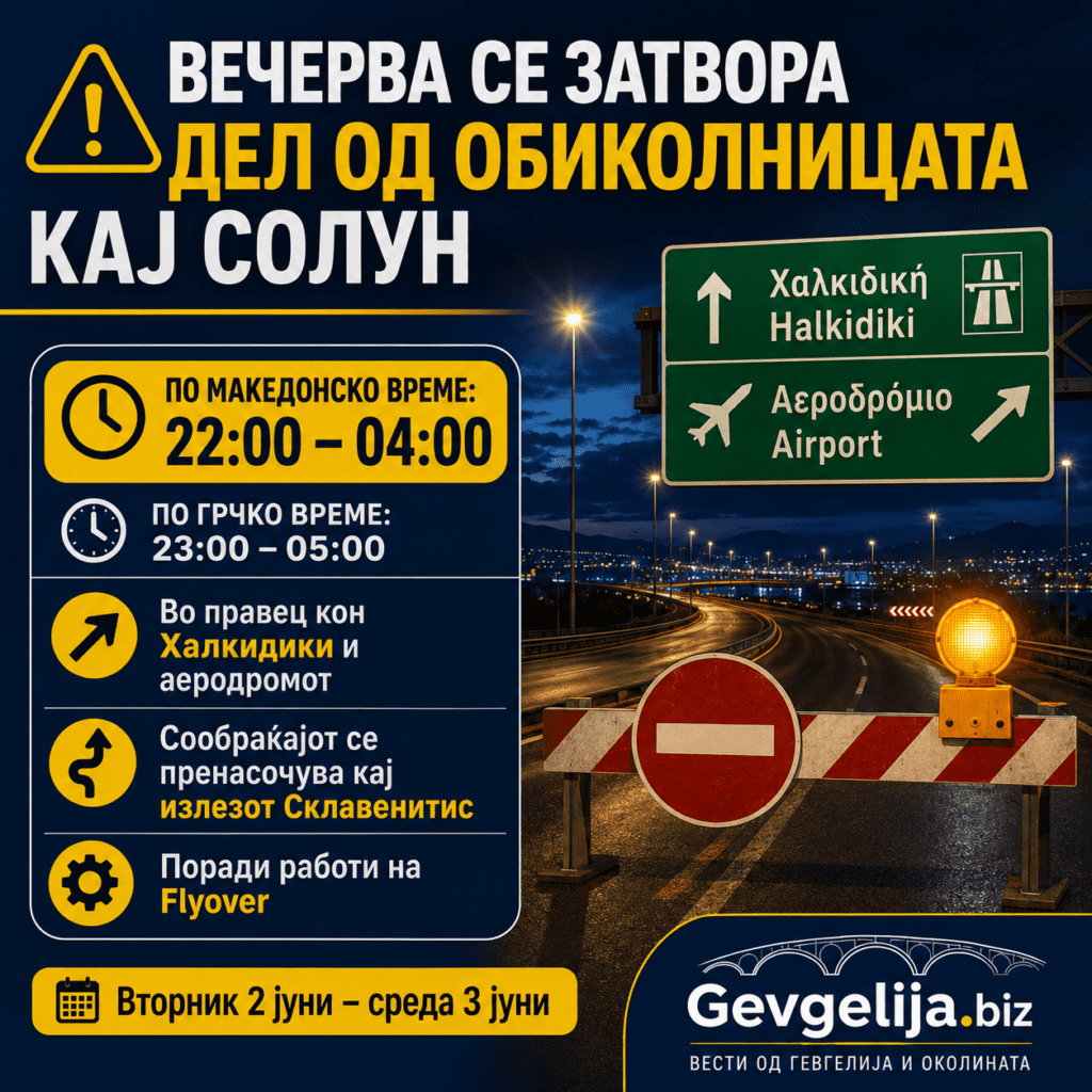 Вечерва се затвора дел од обиколницата кај Солун – важно за патниците кон Халкидики и аеродромот